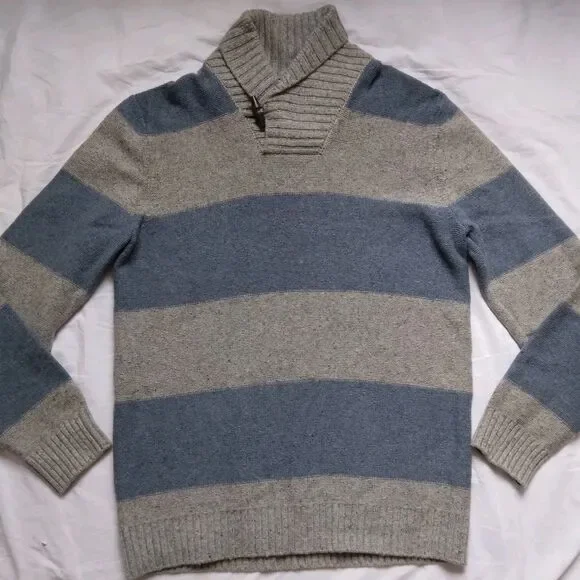 Gap Sweater Striped Lambswool Cowl Neck Gray Blue Preppy Mens Size XL Tall - Picture 2 of 11